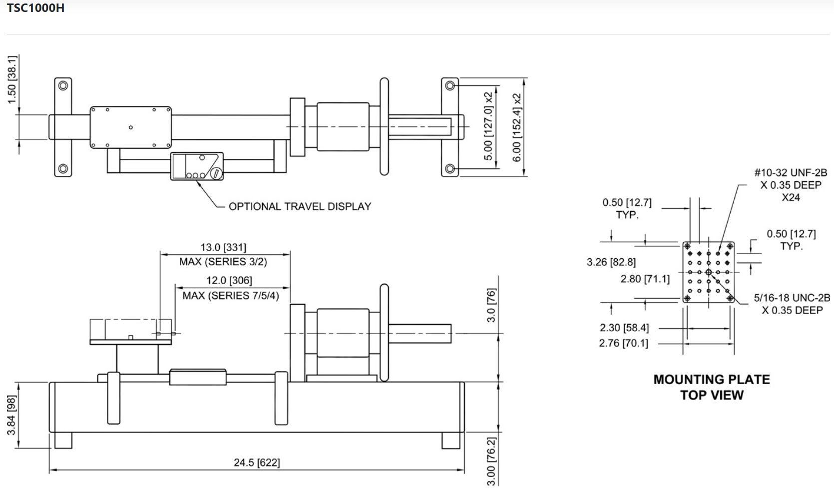 Mark-10 TSC1000H Test Stand, Hand Wheel-Operated dimensions.