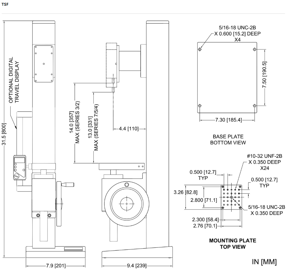 Mark-10 TSF Test Stand, Hand Wheel-Operated dimensions.