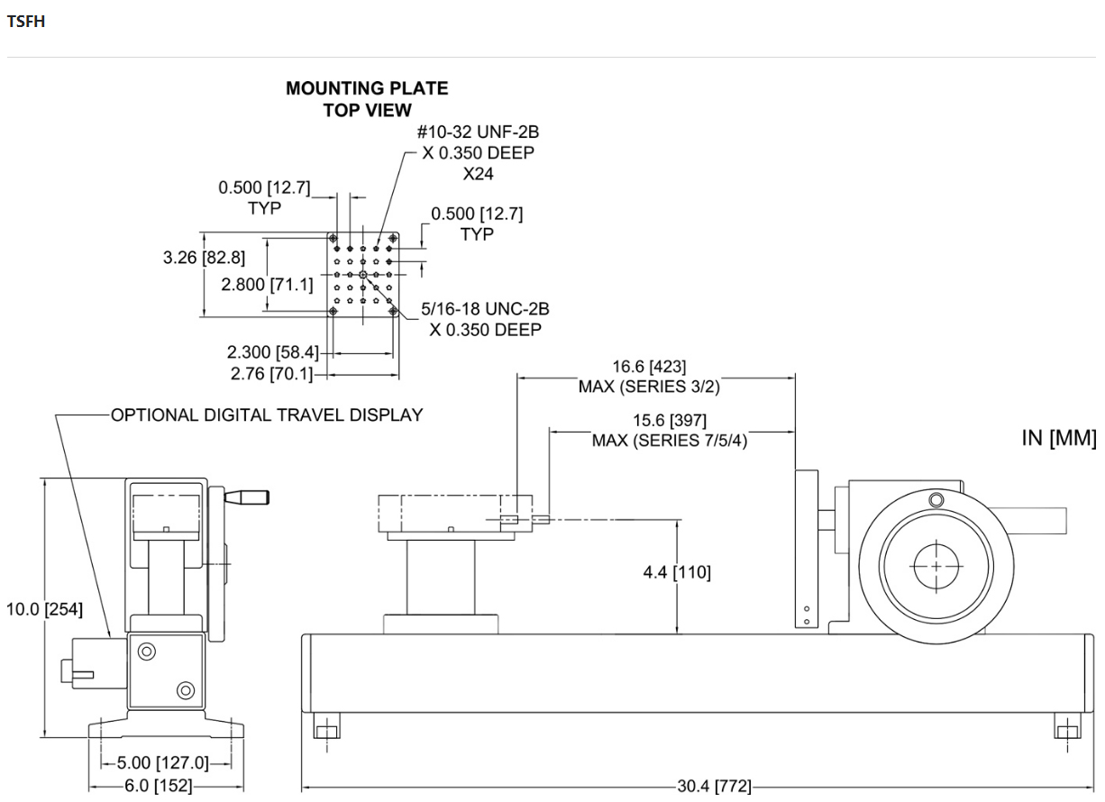 Mark-10 TSFH Test Stand, Hand Wheel-Operated dimensions.