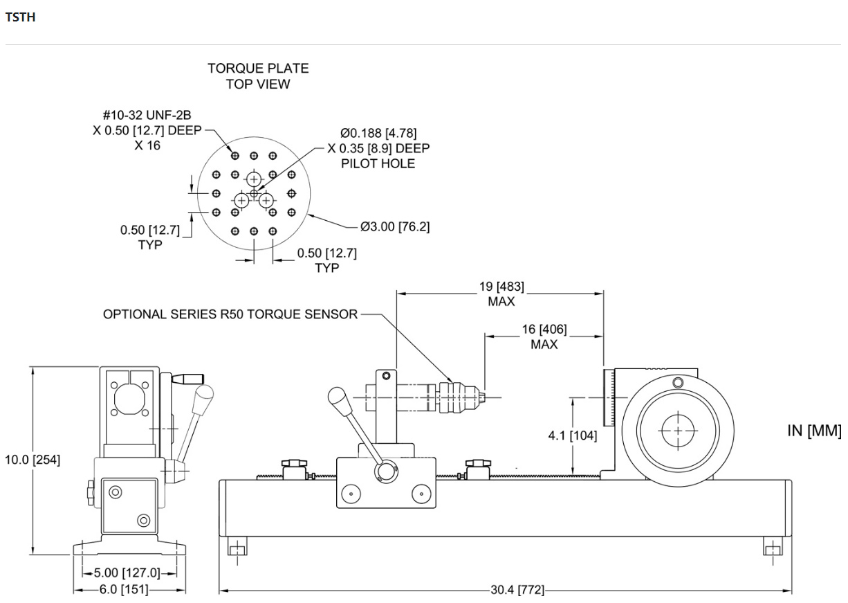 Mark-10 TSTH Test Stand, Torque, Hand Wheel-Operated dimensions.