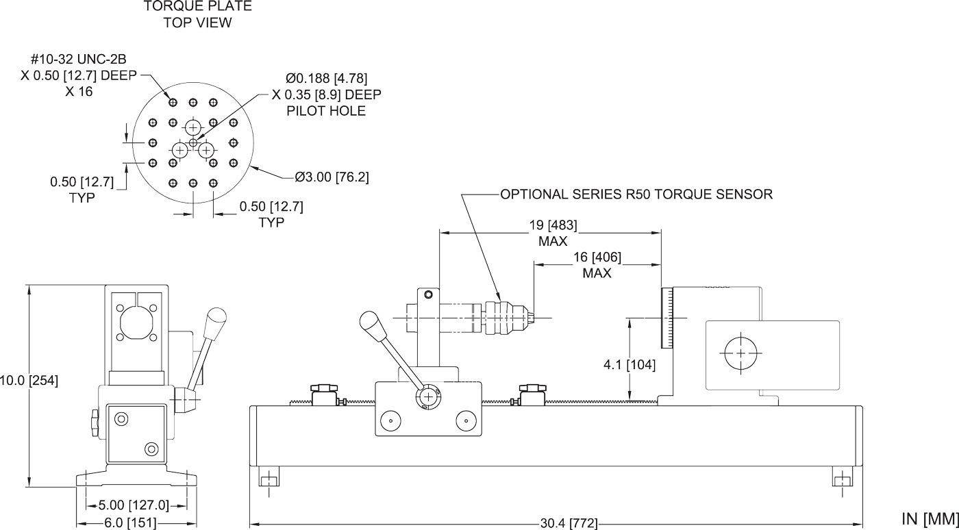 Mark-10 TSTM-DC-1/2U Advanced Test Stand Horizontal dimensions.