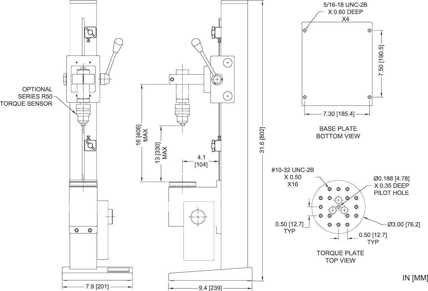 Mark-10 TSTM-DC-1/2U Advanced Test Stand vertical dimensions.