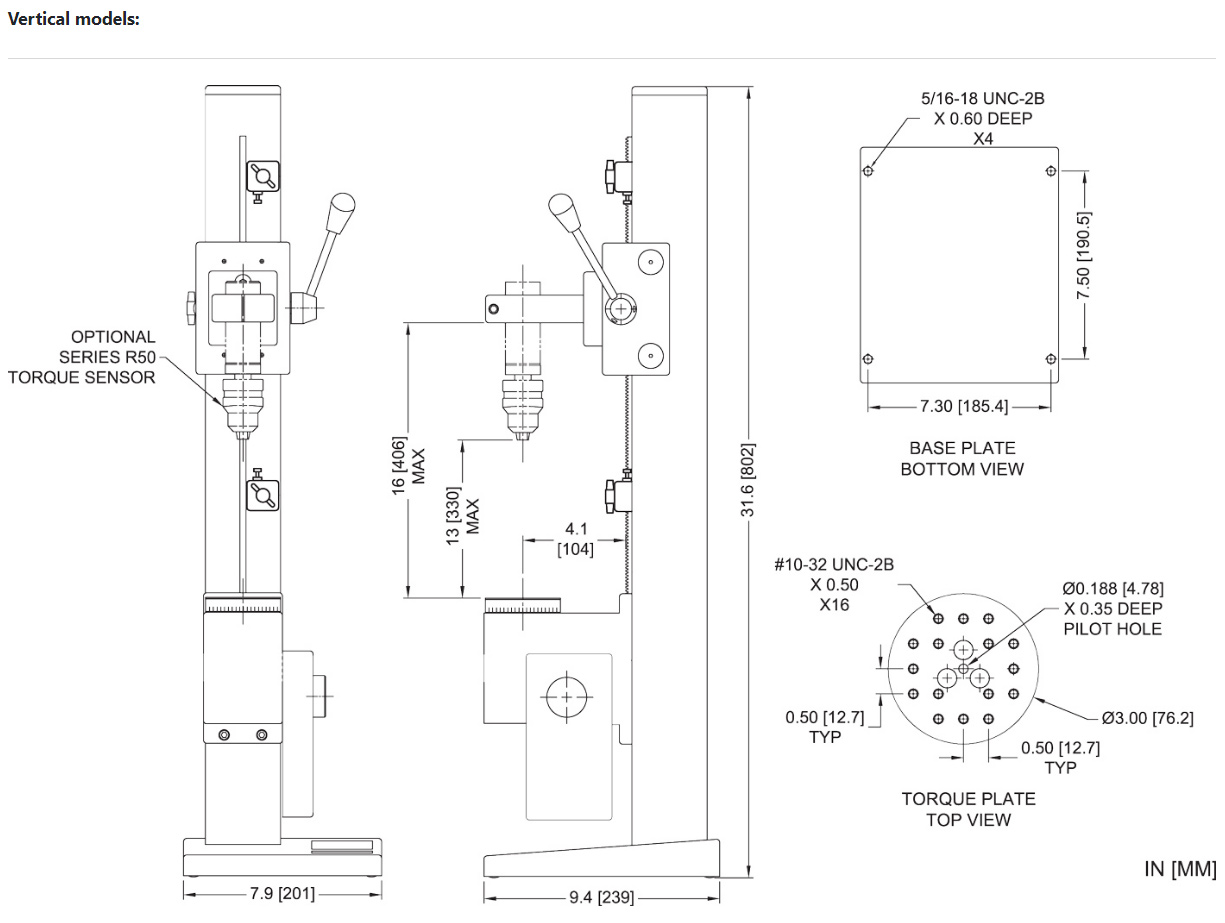 Mark-10 TSTM-DC Advanced Test Stand, Torque, Motorized dimensions.