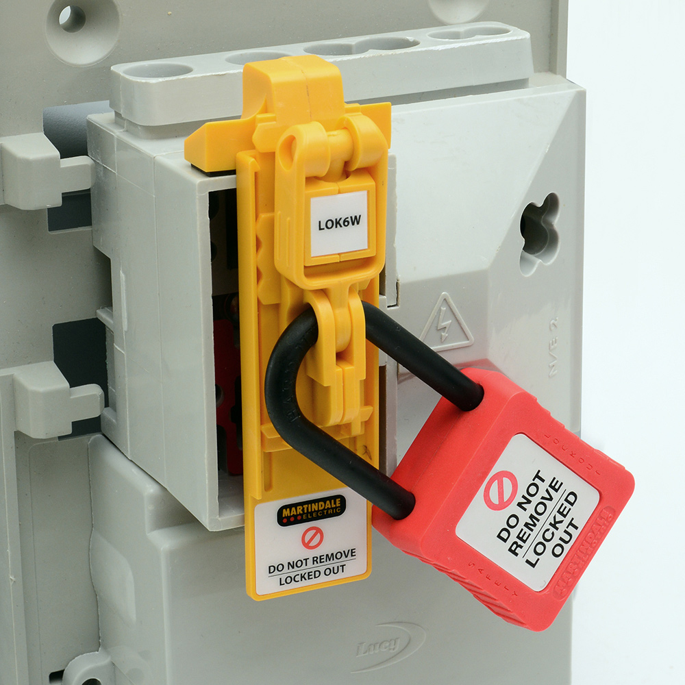 Martindale MARLOK6W Fuse Carrier Service Lock padlocked ensuring the station is safe from dangerous or unauthorised access.