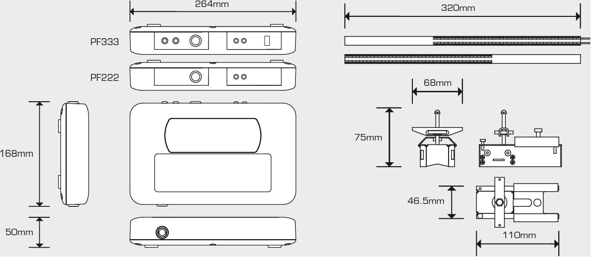 Micronics PF222 Enclosure and guide rail dimensions.