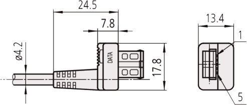 Mitutoyo 02AZD790C U-WAVE-T Data Cable C (160 mm), Straight, Data Button dimensions.