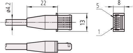 Mitutoyo 02AZE140F U-WAVE-T Connection Cable, F, Footswitch, Flat Straight Type, 160/500mm dimensions.