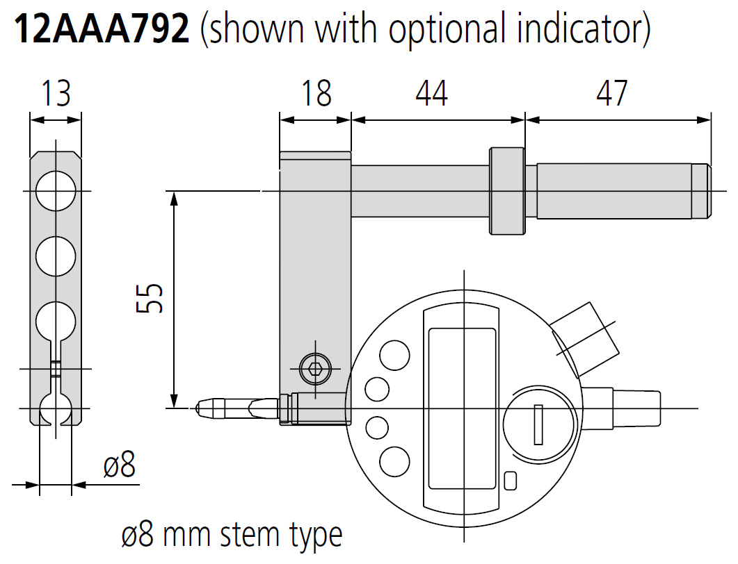 Mitutoyo 12AAA792 Dial Indicator Holder, ø8mm Stem dimensions.