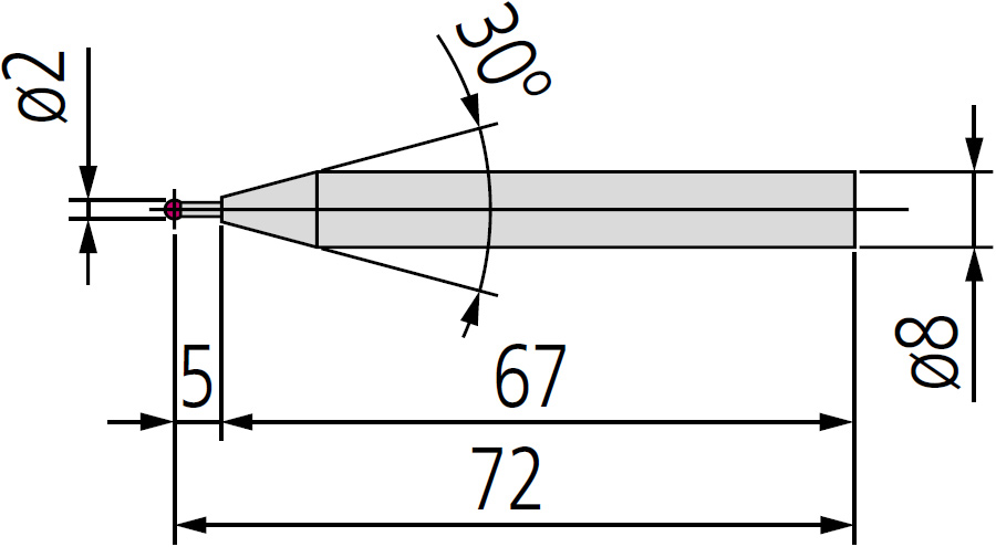 Mitutoyo 12AAF667 ø2mm Ruby Ball Probe, Coaxial Type, 72mm Length dimensions.