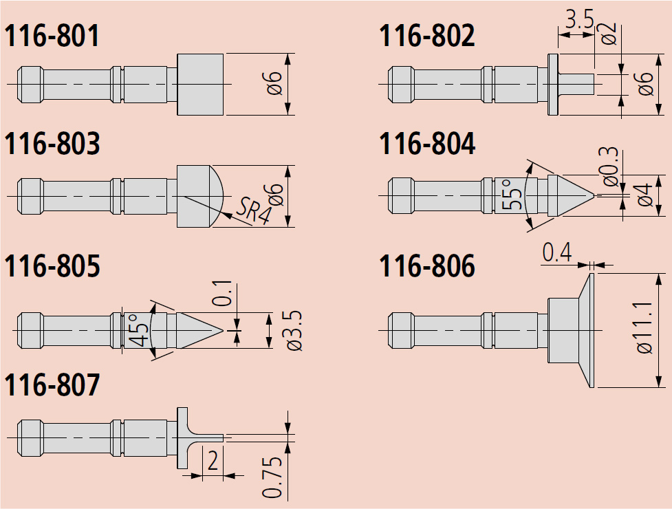 Mitutoyo 161-80x Interchangeable Contact Points Pair Dimensions.