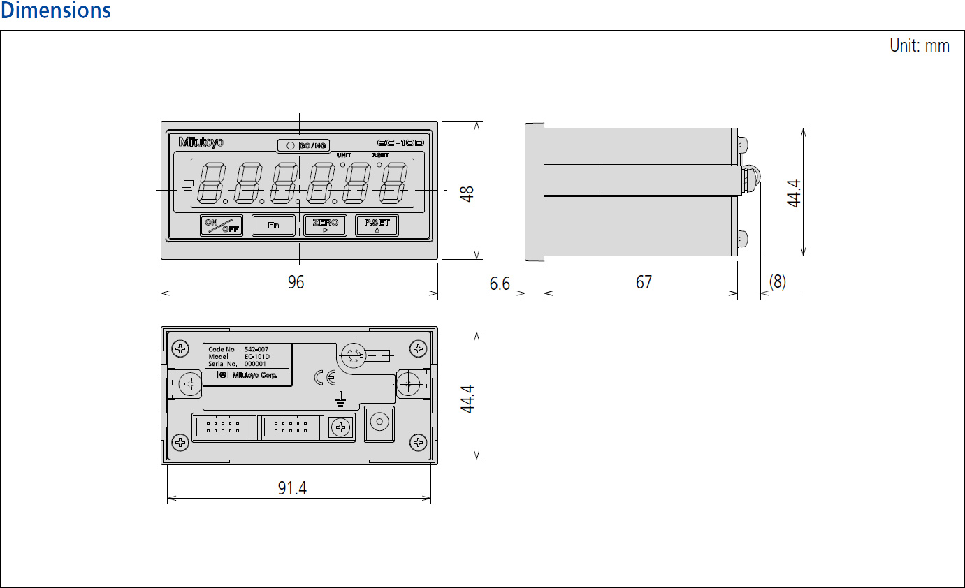 Mitutoyo 542-007E SERIES 542 – EC Counter, Low-Cost Modular Display Unit dimensions.