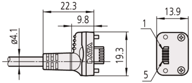 Mitutoyo U-WAVE-T Connection Cable A, with Data Button IP Caliper Type dimensions.