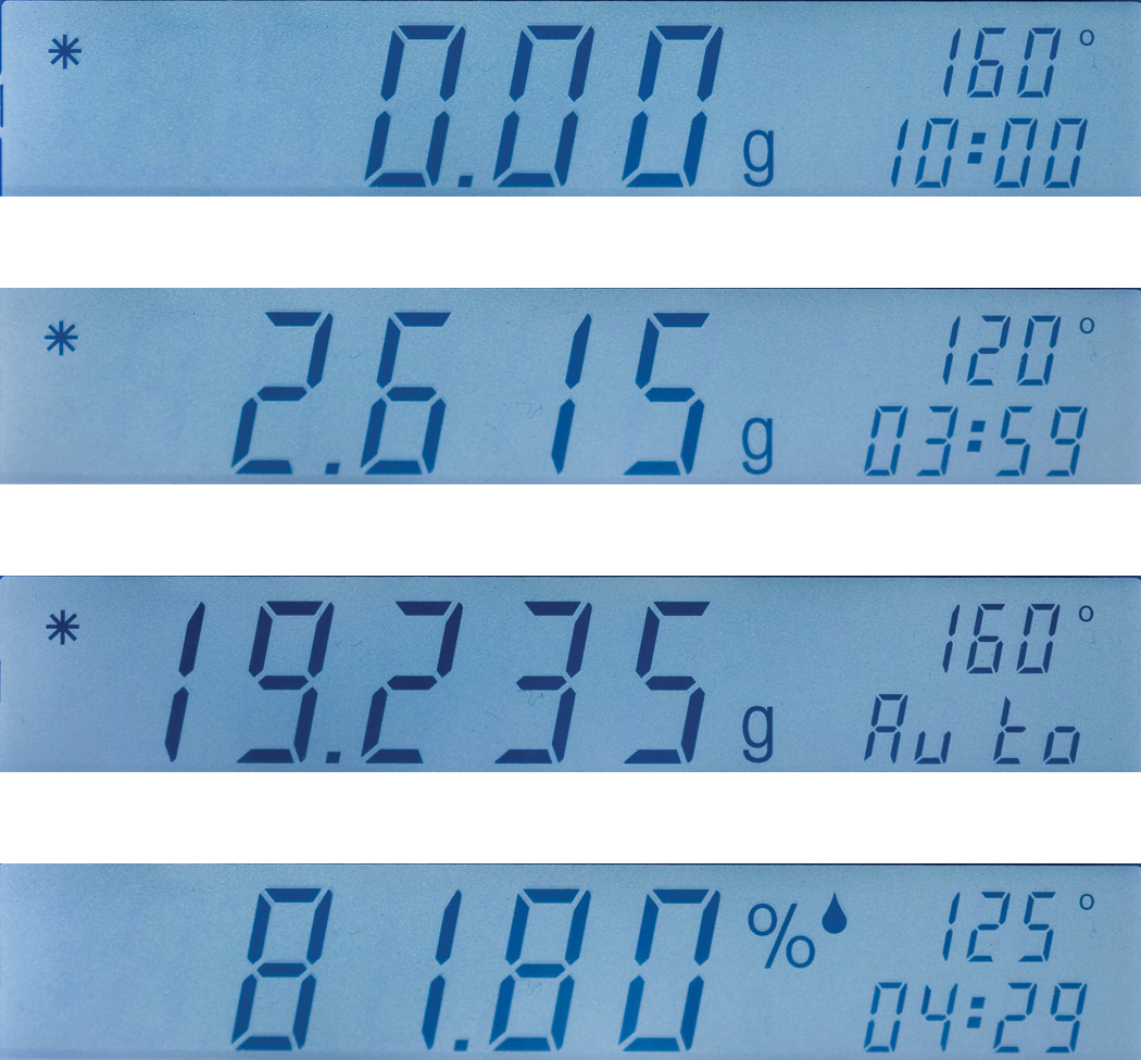 A selection of example digital displays on the Ohaus 80252470 MB23 Moisture Analyser.