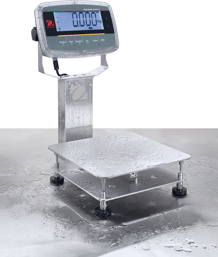 Ohaus Defender 6000 Hybrid IP68/IP69K Washdown i-D61PW Bench Scales covered in water.