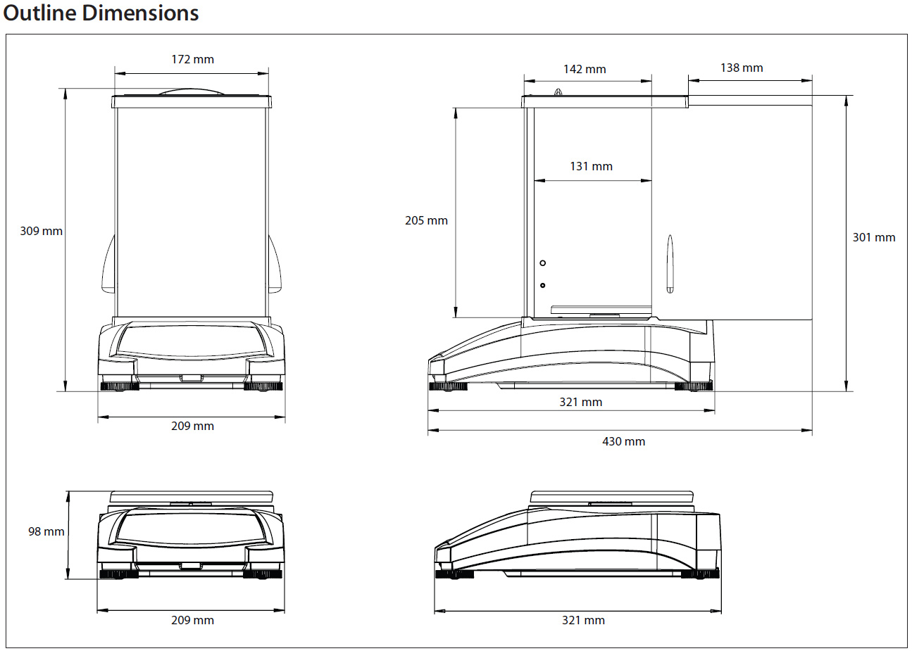 Ohaus Pioneer PX Precision Balances dimensions.