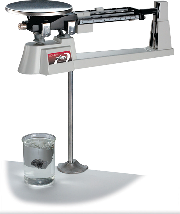 Ohaus Triple Beam 700 Series Mechanical Balances with a rod and weight attached.