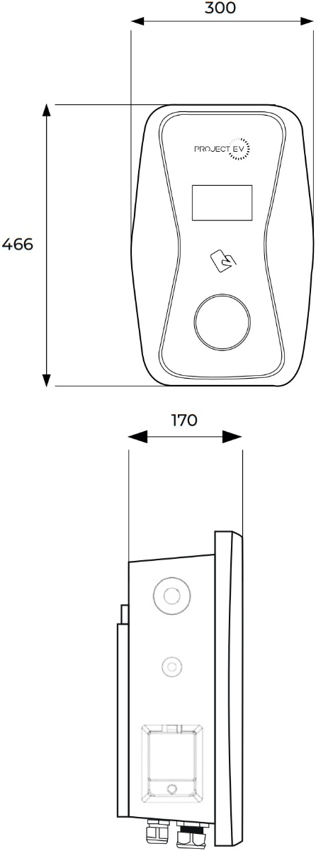 PROJECT EV 22kW Pro Earth Wall Charger Single Gun RFID dimensions.