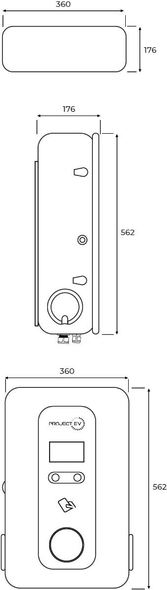 PROJECT EV EVA-22D-SE-W, 22kW Pro Earth Wall Charger Dual Gun RFID dimensions.