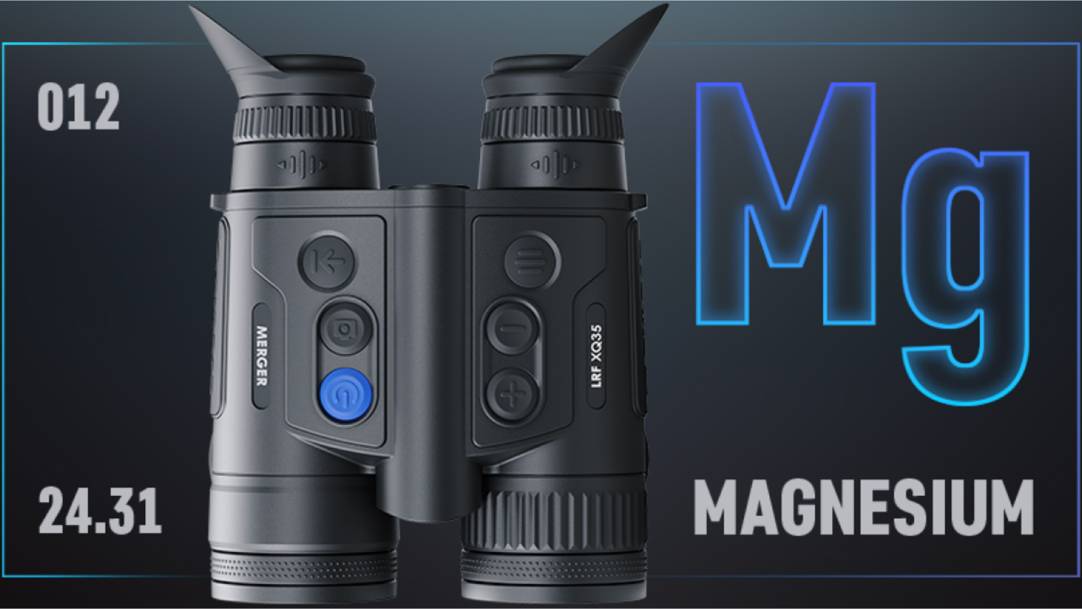 Pulsar Merger LRF XQ35 Binoculars (50Hz) advertising the rugged magnesium alloy housing.