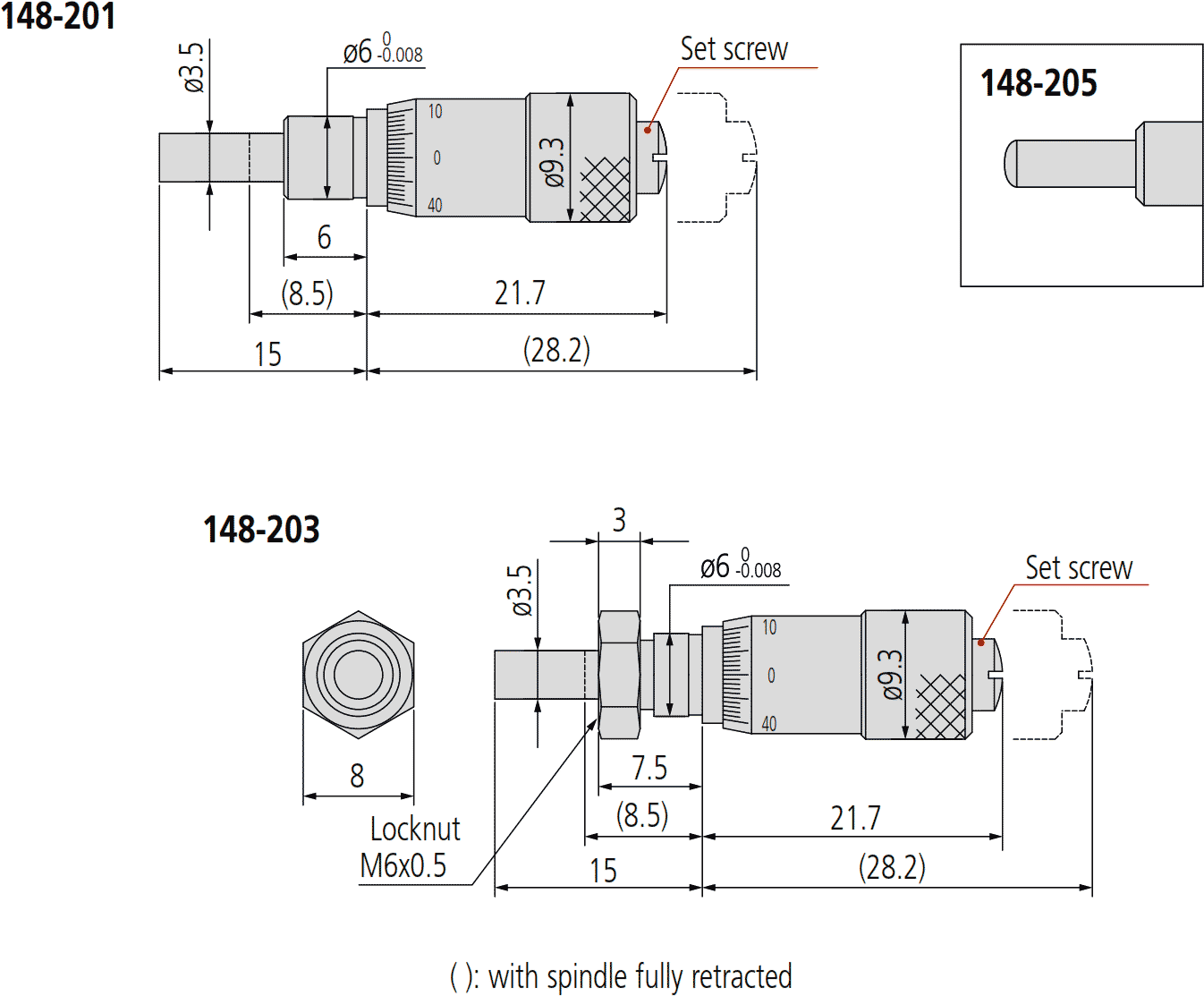 Mitutoyo Series 148 Short Range Micrometer Dimensions