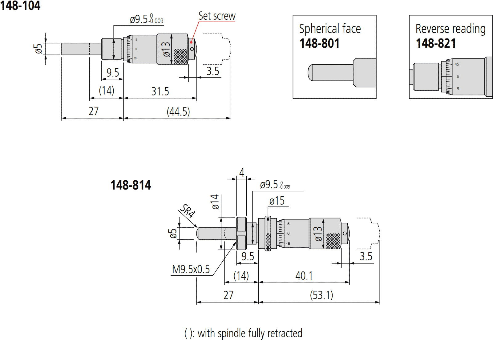 Mitutoyo Series 148 Small Standard Micrometer Dimensions