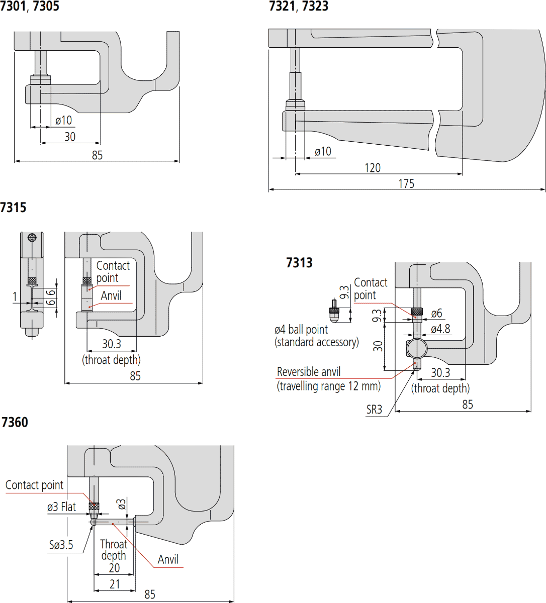 Mitutoyo Series 7 Digital Thickness Gauge Dimensions